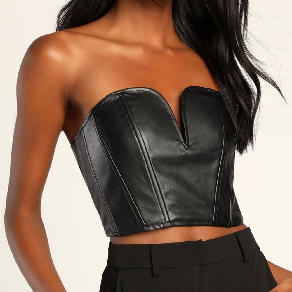 Black Vegan Leather Strapless Bustier Crop Top - Picture 3 of 8